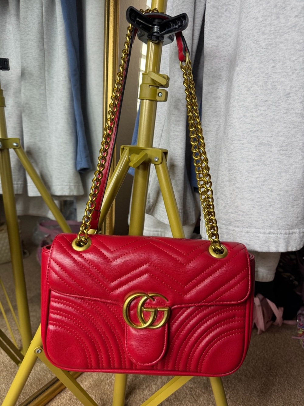 Red Quilted GG Style Gold Chain Shoulder Bag Chevron Heart Detail ❤️✨ - Picture 8 of 13